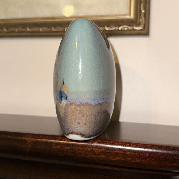 Vintage Artist Signed Decorative Rectangular Vase Teal Green Blue Tan - Picture 4 of 10